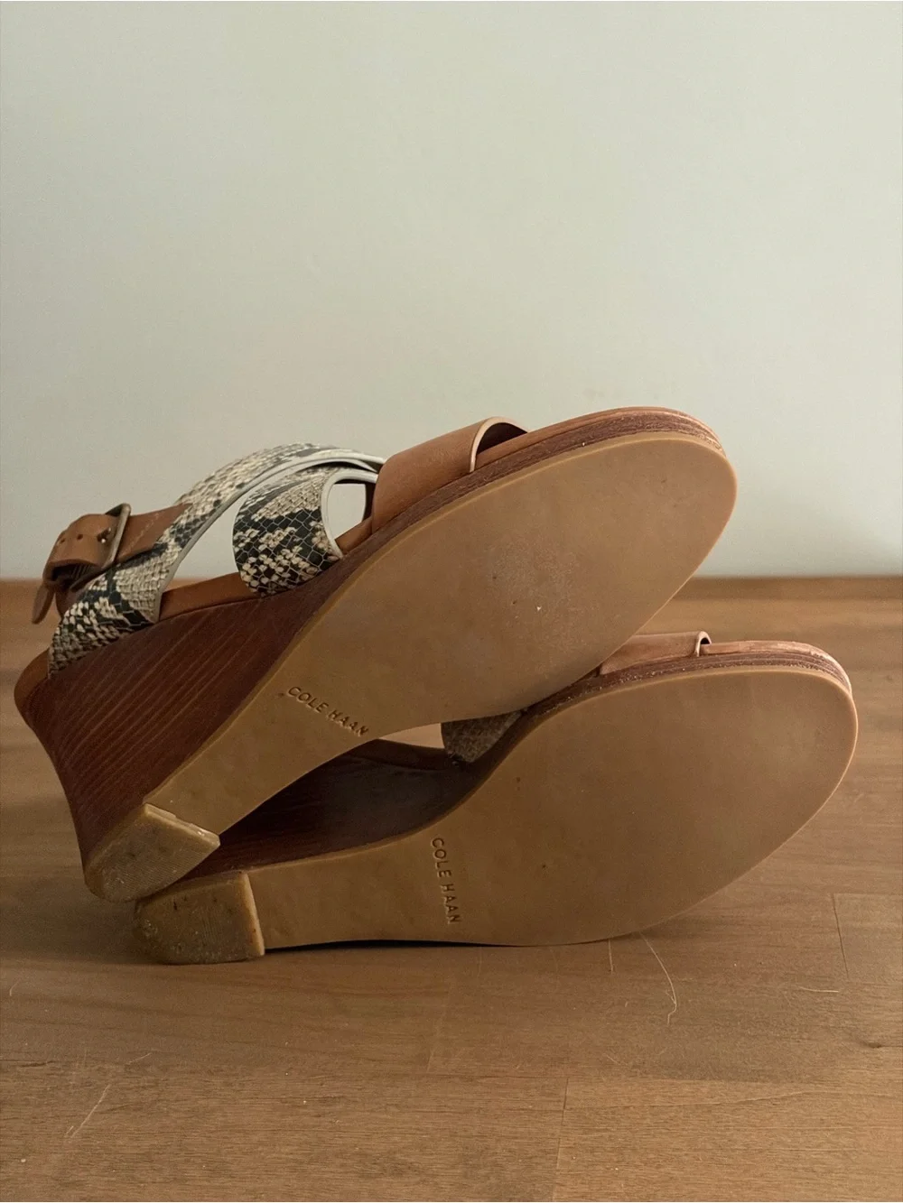 Cole Haan Penelope Tan Leather & Snake Print Cross-Strap Wedge Sandals 7.5B
